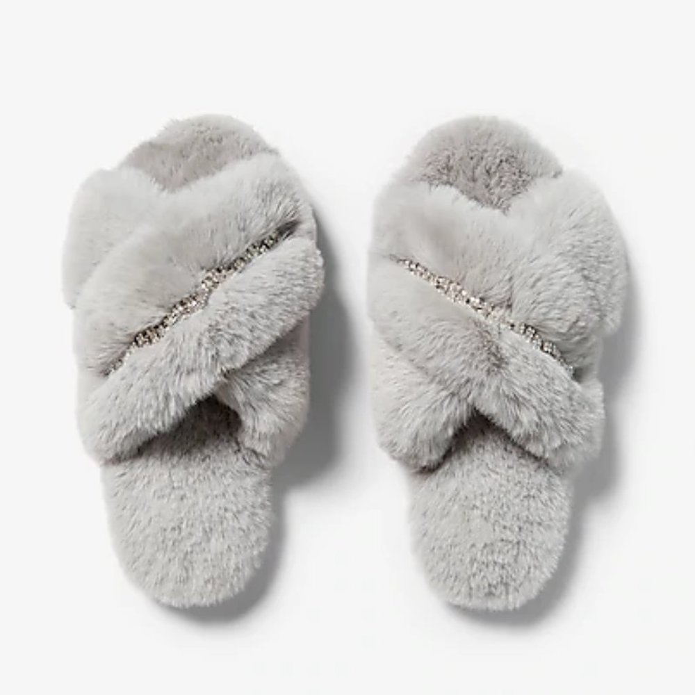 Express Gray Rhinestone Faux Fur Soft Slippers